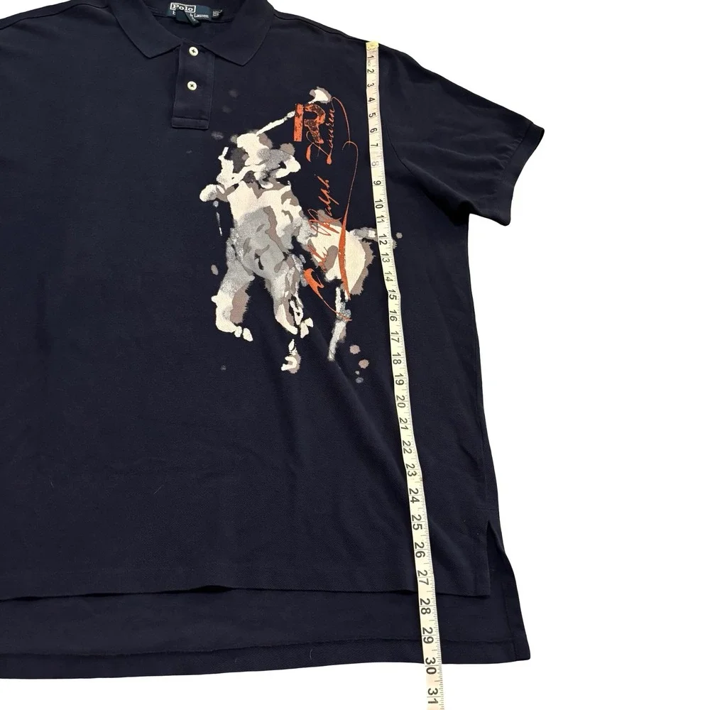 Polo Ralph Lauren Mens XXL Navy Blue Big Pony Splatter Graphic Polo Shirt Vtg
